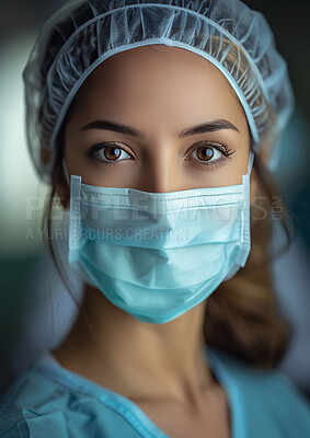 Woman, nurse and portrait with face mask in hospital with for virus breakout, protection or pandemic. Female person, scrubs and healthcare emergency for medical insurance, compliance or global crisis