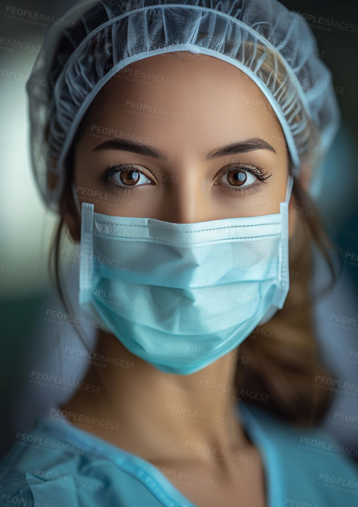 Buy stock photo Woman, nurse and portrait with face mask in hospital with for virus breakout, protection or pandemic. Female person, scrubs and healthcare emergency for medical insurance, compliance or global crisis