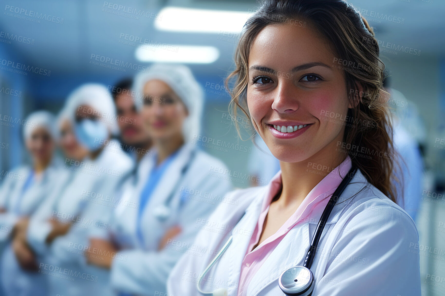 Buy stock photo Woman, doctor and portrait with leadership for surgery procedure, operation or cardiology. Female person, face and confident teamwork with ppe for medical healthcare or hospital, workforce or trust