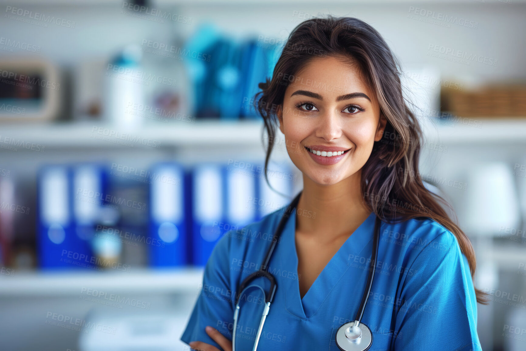 Buy stock photo Woman, nurse and portrait for healthcare with smile, medical industry and integrity with care and support in gynecology. Help, happy and medicine with midwife at clinic for maternal health in Cuba