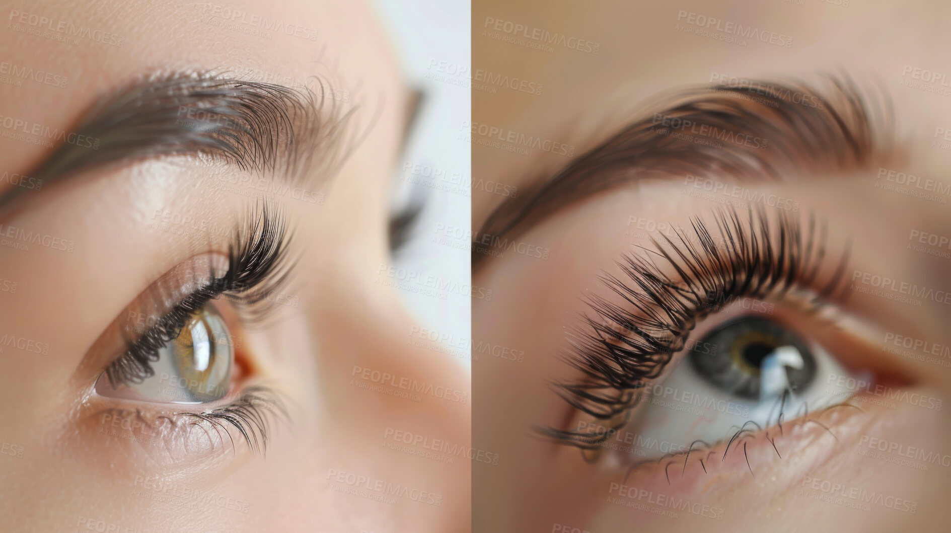 Buy stock photo Eye, collage and surgery with results, before and after for wellness of person and treatment. Background, eyesight and cosmetics for eyelash extension, mascara and beauty for eyecare in studio