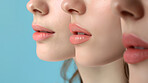 Beauty, mouth or line of women in studio comparison for plastic surgery, lip filler and transformation on blue background. Skincare, permanent makeup and model with liner, procedure or natural color 