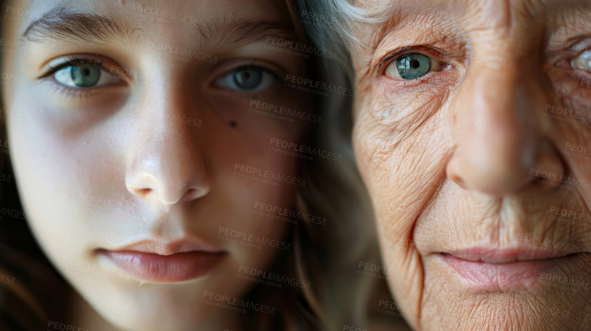 Buy stock photo Senior, youth and generation of age, portrait and growth of face, before and after of skin and human. Years, lifespan and development of child, adult and elderly person with maturity, stage and time