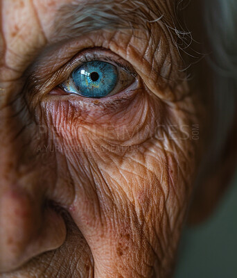 Eyes, closeup and portrait of elderly woman with vision for optical care, perception and optometry. Senior person, wrinkles and face with blue eyes for healthcare, eyesight and medical condition