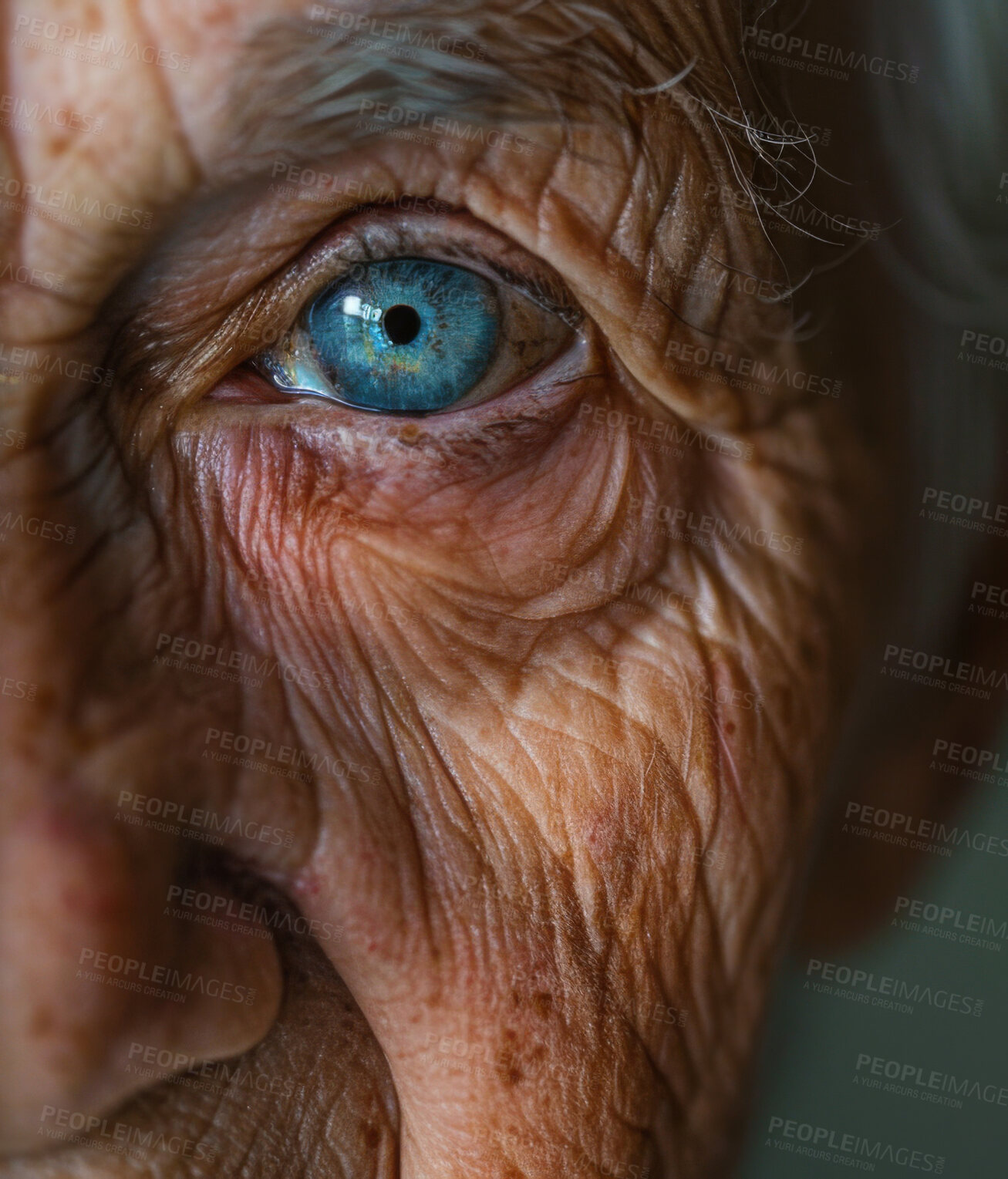 Buy stock photo Eyes, closeup and portrait of elderly woman with vision for optical care, perception and optometry. Senior person, wrinkles and face with blue eyes for healthcare, eyesight and medical condition