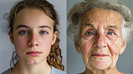 Senior, youth and generation of life, portrait and growth of face, before and after of skin and human. Years, age and development of child, adult and elderly person with maturity, stage and time