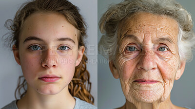 Senior, youth and generation of life, portrait and growth of face, before and after of skin and human. Years, age and development of child, adult and elderly person with maturity, stage and time