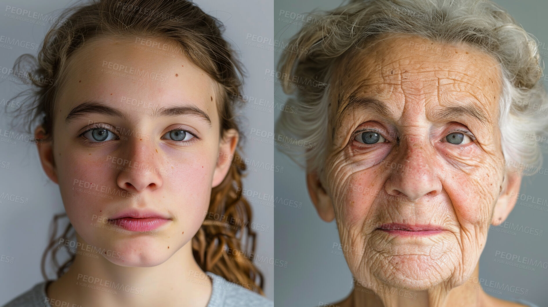 Buy stock photo Senior, youth and generation of life, portrait and change of face, before and after of skin and process. Years, age and development of child, adult and elderly person with maturity, pride and time