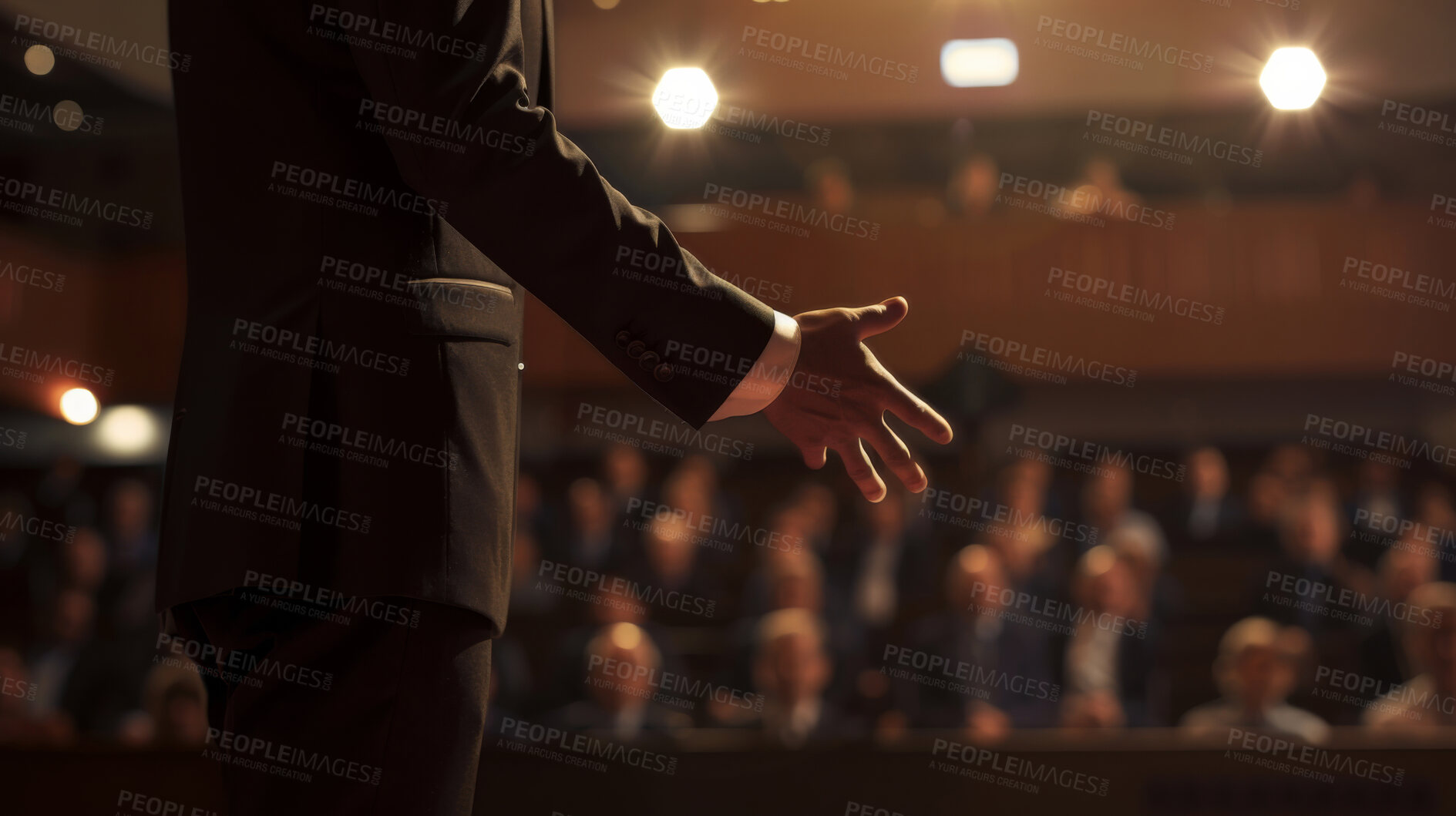 Buy stock photo Preacher, person and hand for speech with audience in megachurch for religion, faith and spiritual guide. Priest, pastor or church leader with sermon, gospel and talking at event, service and crowd