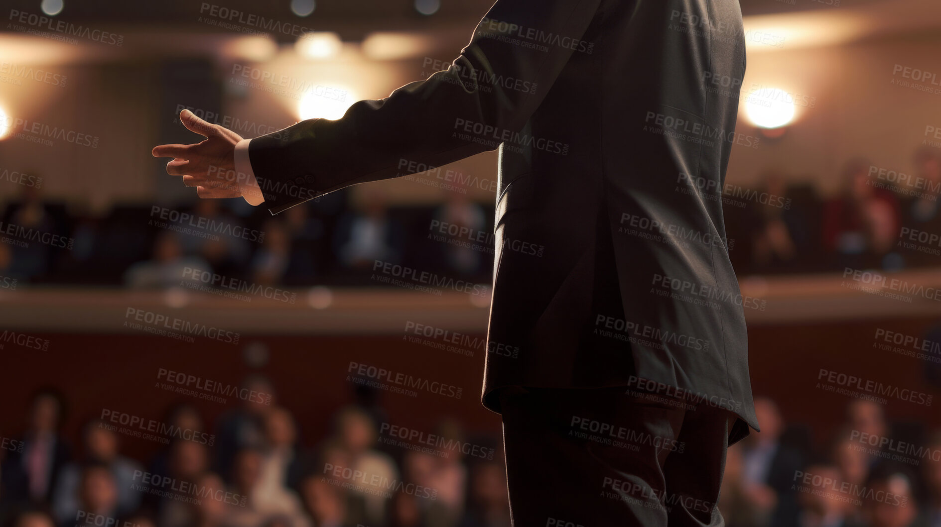 Buy stock photo Politician, person and back for speech with audience in election campaign, public discussion or debate. Political party leader, speaker or presenter for ideas, information or call to action for crowd