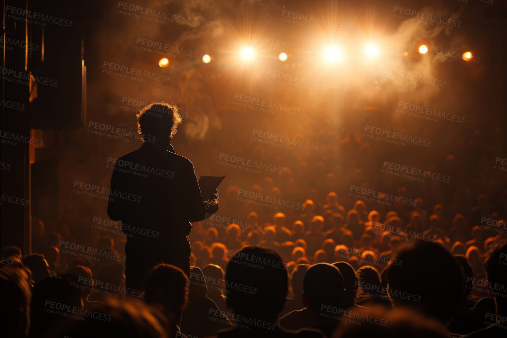 Buy stock photo Back of person, speaker or speech in auditorium for seminar, conference or presentation with career info. Hall, mentor or presenter in workshop for startup knowledge, share ideas or growth skills