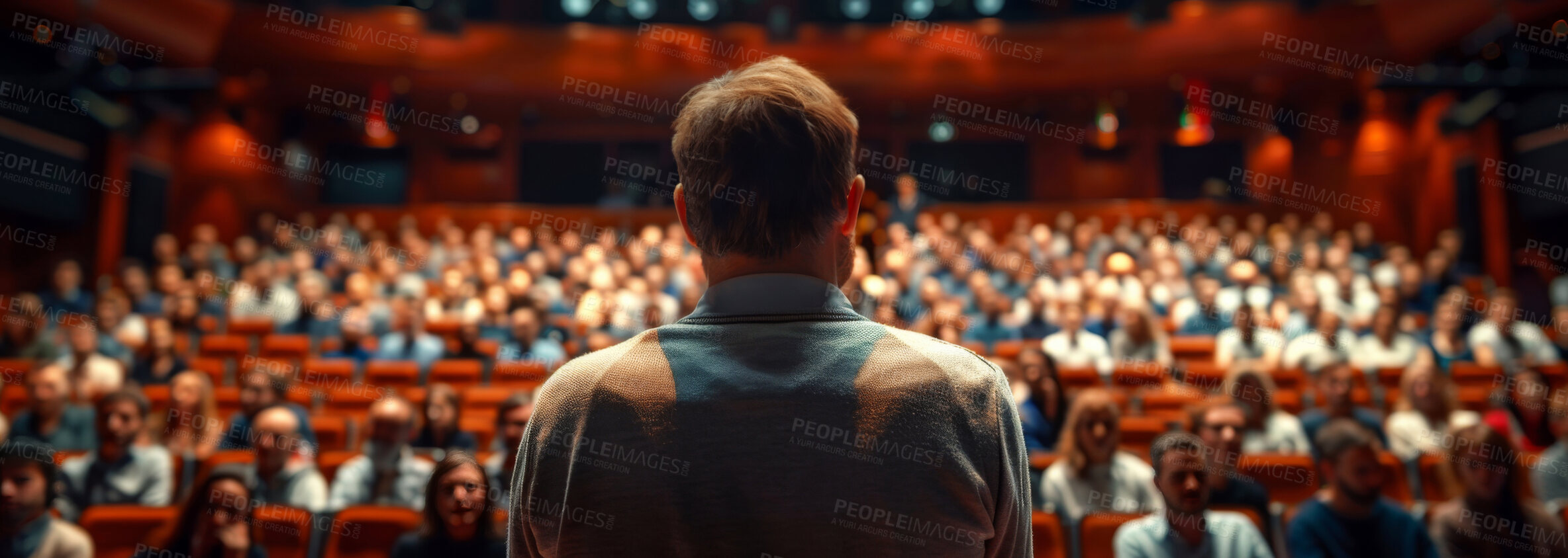 Buy stock photo Politician, man and back for speech with audience in election campaign, public discussion or debate. Political party leader, speaker and presenter with ideas, information or call to action for voting