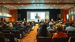 Hall, audience or screen for business seminar, conference or presentation with digital information. Crowd, corporate workshop or training for startup knowledge, project skills or professional growth