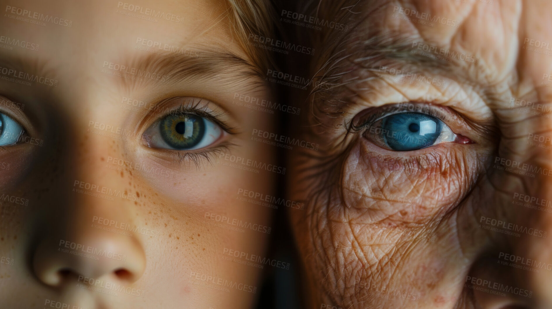 Buy stock photo Senior, youth and generation of age, half and growth of face, before and after of skin and human. Years, lifespan and development of child, adult and elderly person with maturity, stage and time