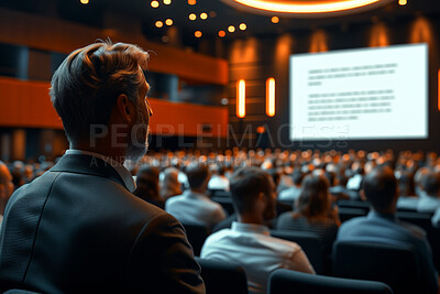 Hall, crowd or screen for business seminar, conference or presentation with digital information. Audience, corporate workshop or training for startup knowledge, project skills or professional growth