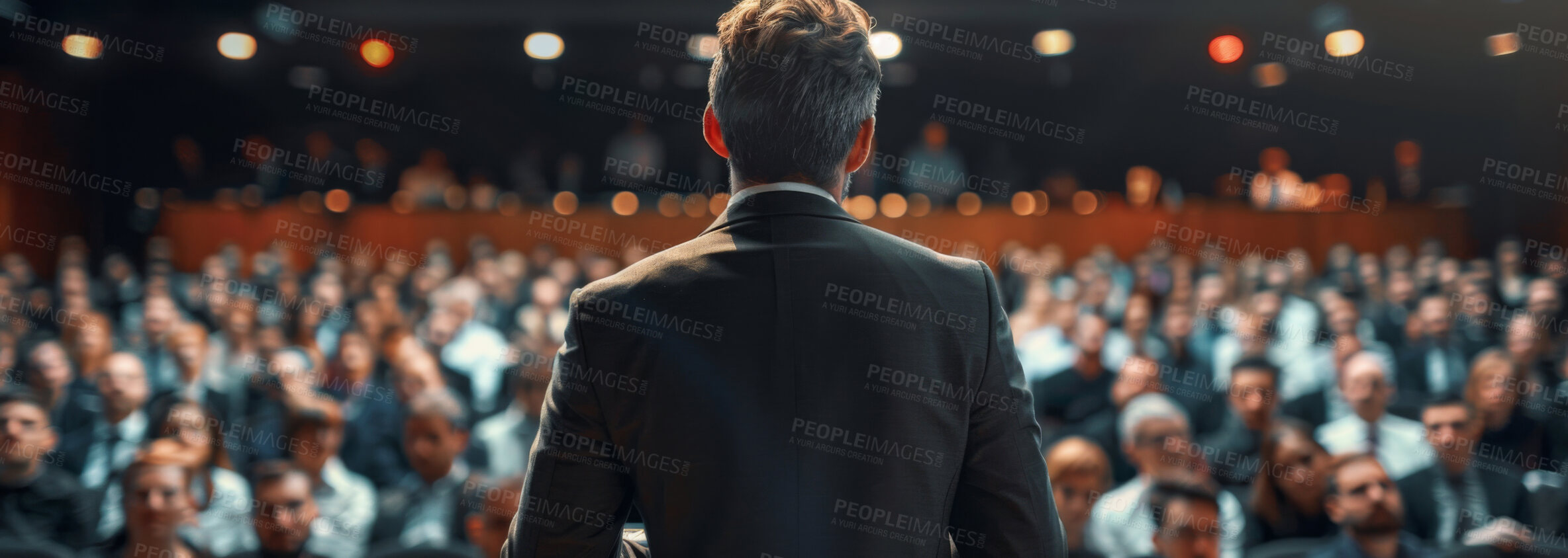 Buy stock photo Politician, man and back with audience at conference in election campaign, public discussion or debate. Political party leader, speaker or presenter for ideas, information or call to action for crowd