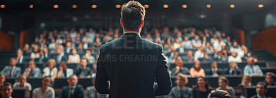 Politician, man and back with crowd at conference in election campaign, public discussion or debate. Political party leader, speaker or presenter for ideas, information or call to action for audience