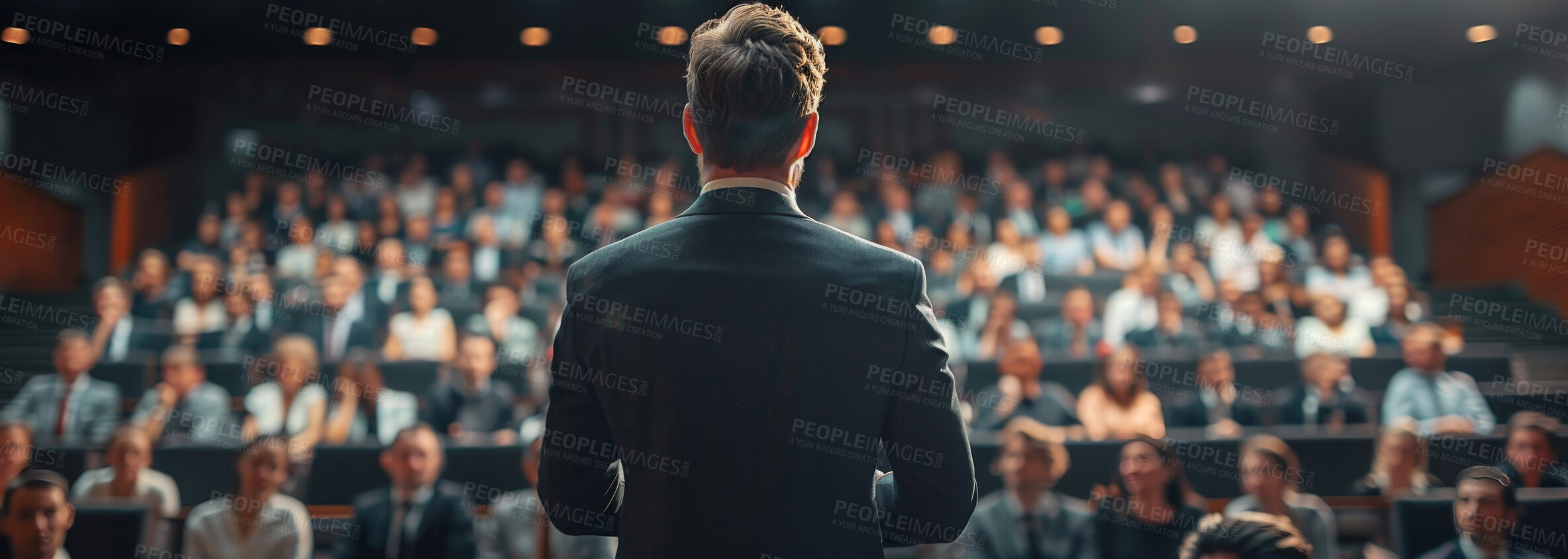 Buy stock photo Politician, man and back with crowd at conference in election campaign, public discussion or debate. Political party leader, speaker or presenter for ideas, banner or call to action for audience