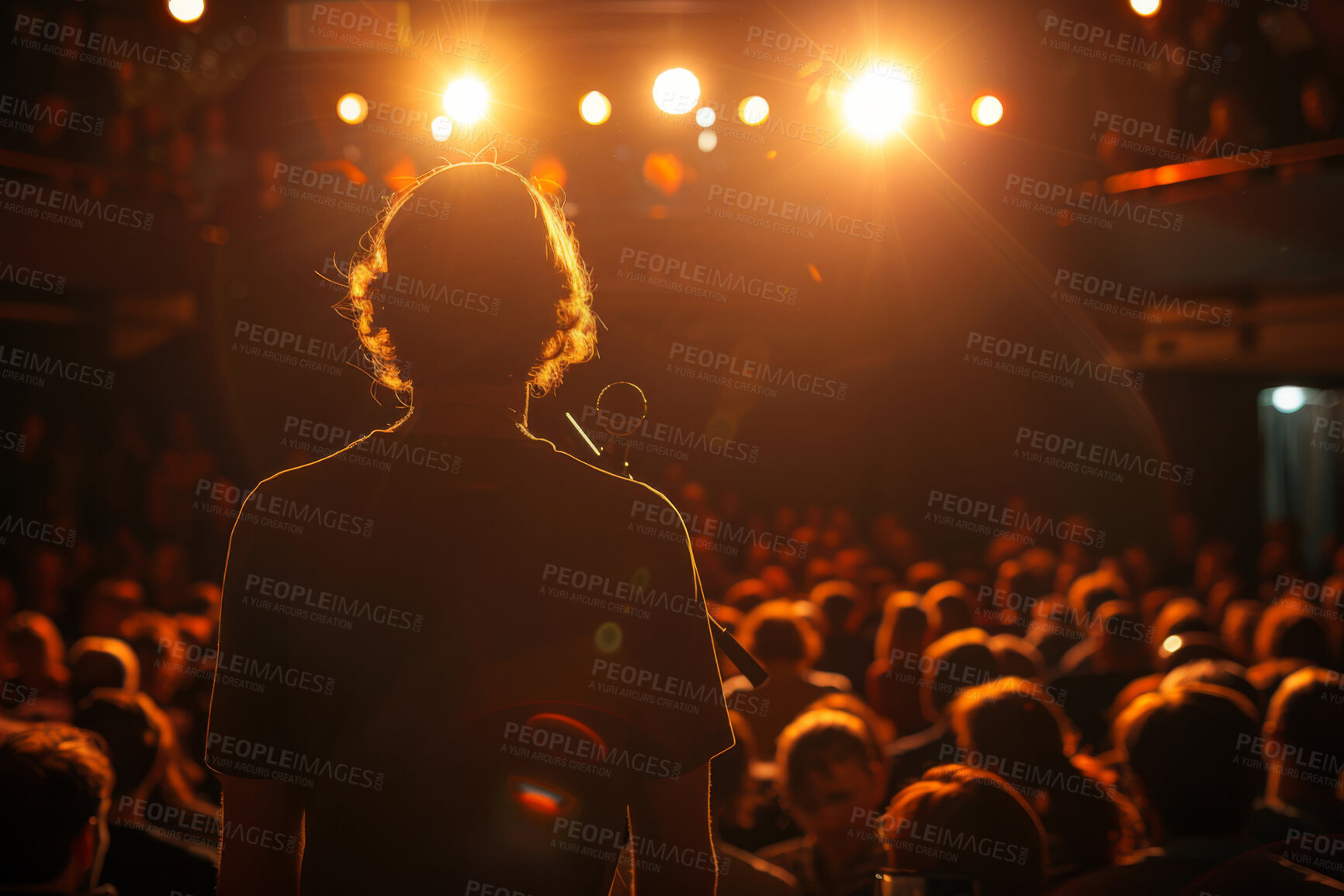 Buy stock photo Man, back and stand up comedy by crowd for funny story, joke or show at international festival. Person, artist or comic on stage, speech and performance at benefit concert for human rights in Canada