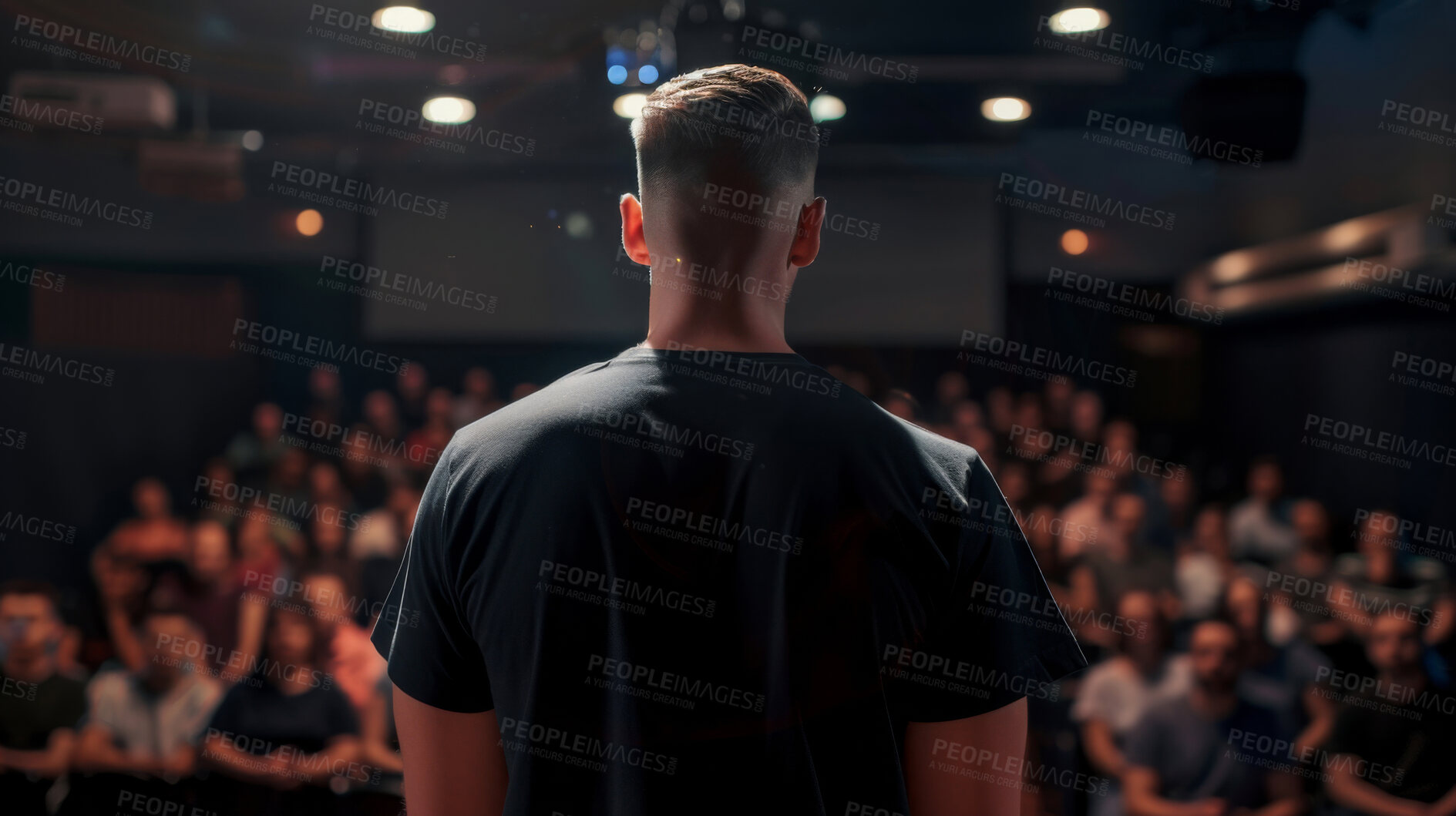 Buy stock photo Hall, speaker or audience for business seminar, conference or presentation with career information. Crowd, mentor and workshop or training for startup knowledge, project skills or professional growth