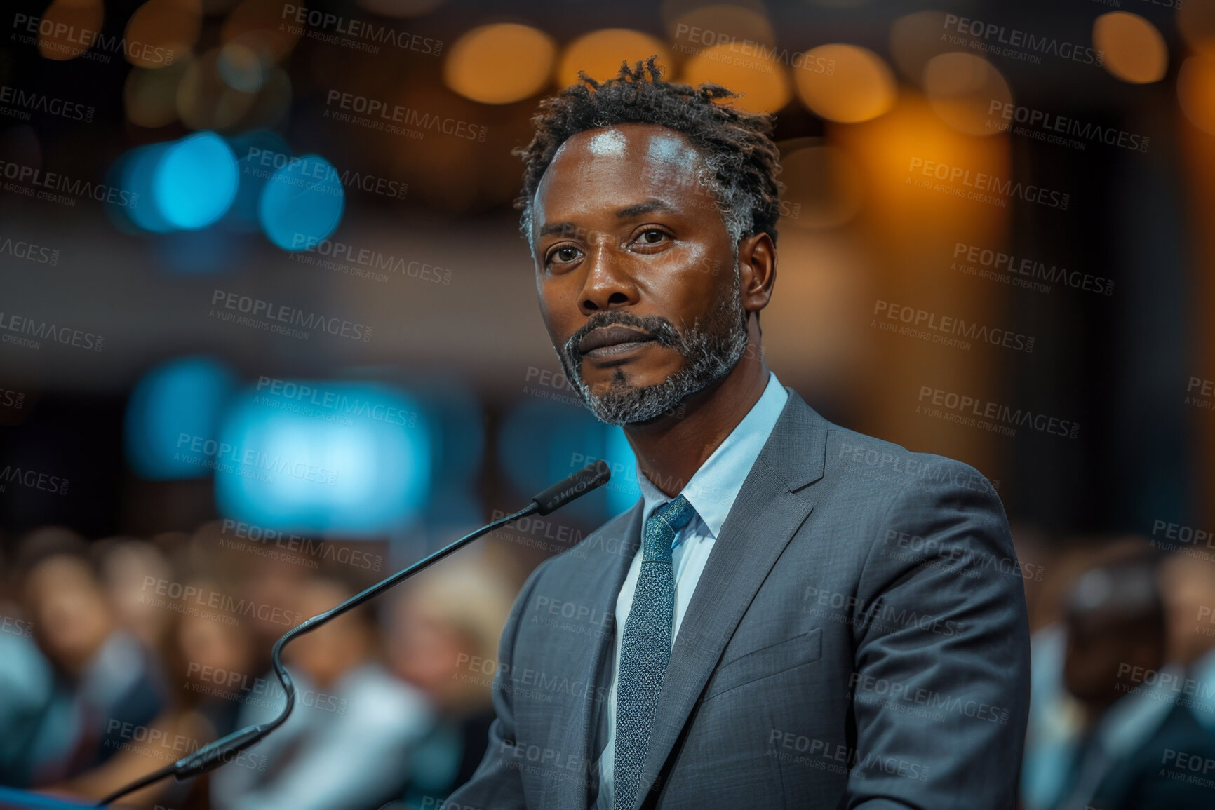 Buy stock photo Portrait, black man or speaker in podium for seminar, business conference or presentation with career info. Audience, mentor or workshop for startup knowledge, project skills or professional growth