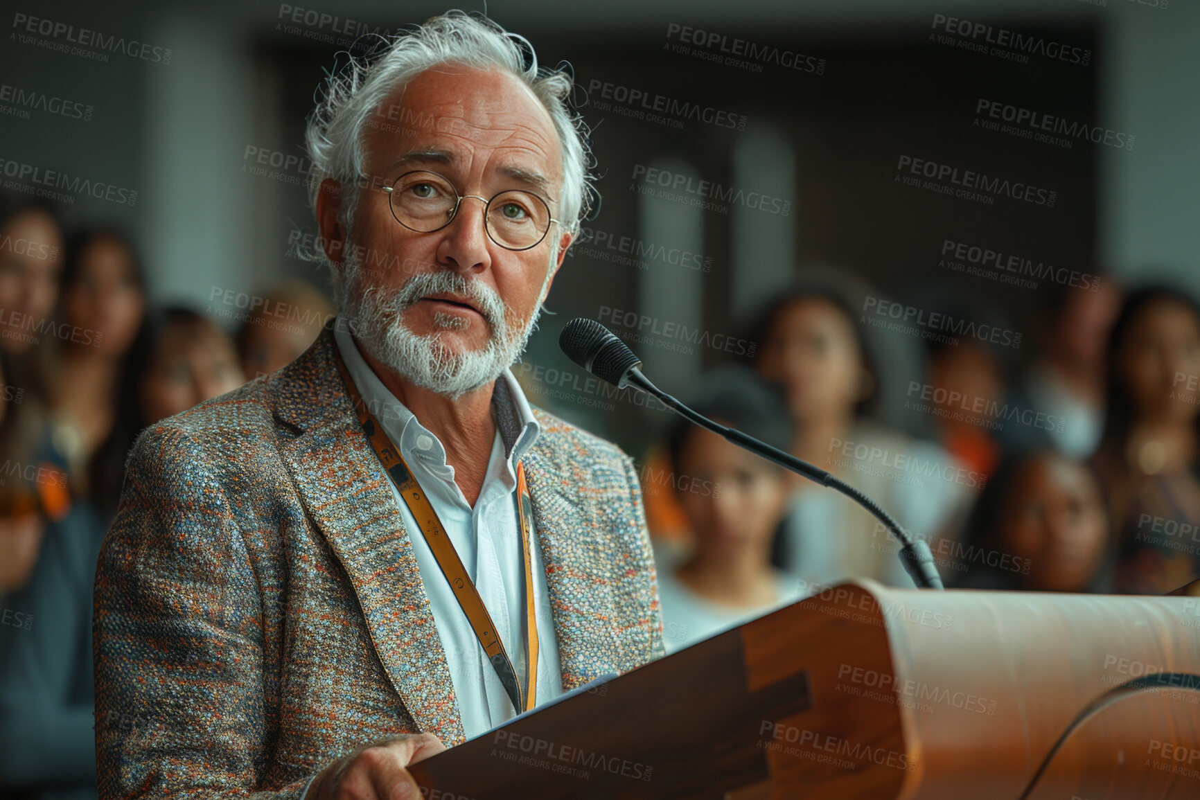 Buy stock photo Mature man, mic or portrait in auditorium for seminar, business conference or presentation with career info. Hall, mentor or male person in workshop for startup knowledge, share idea or growth skills