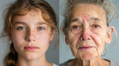 Girl, woman and portrait of collage with aging on studio background for before and after, face change and compare. Senior person, youth and life stage of generation with versus and process of skin
