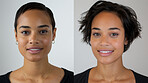 Portrait, hair cut and woman with beauty, versus and comparison on grey studio background. Face, person and model with treatment, grooming routine or keratin with smile, before and after with shampoo