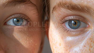 Vision, blue eyes and portrait of women with optometry for closeup of optical care and eyesight. Pupils, twins and face of female people with natural iris color for contact lens for optical awareness
