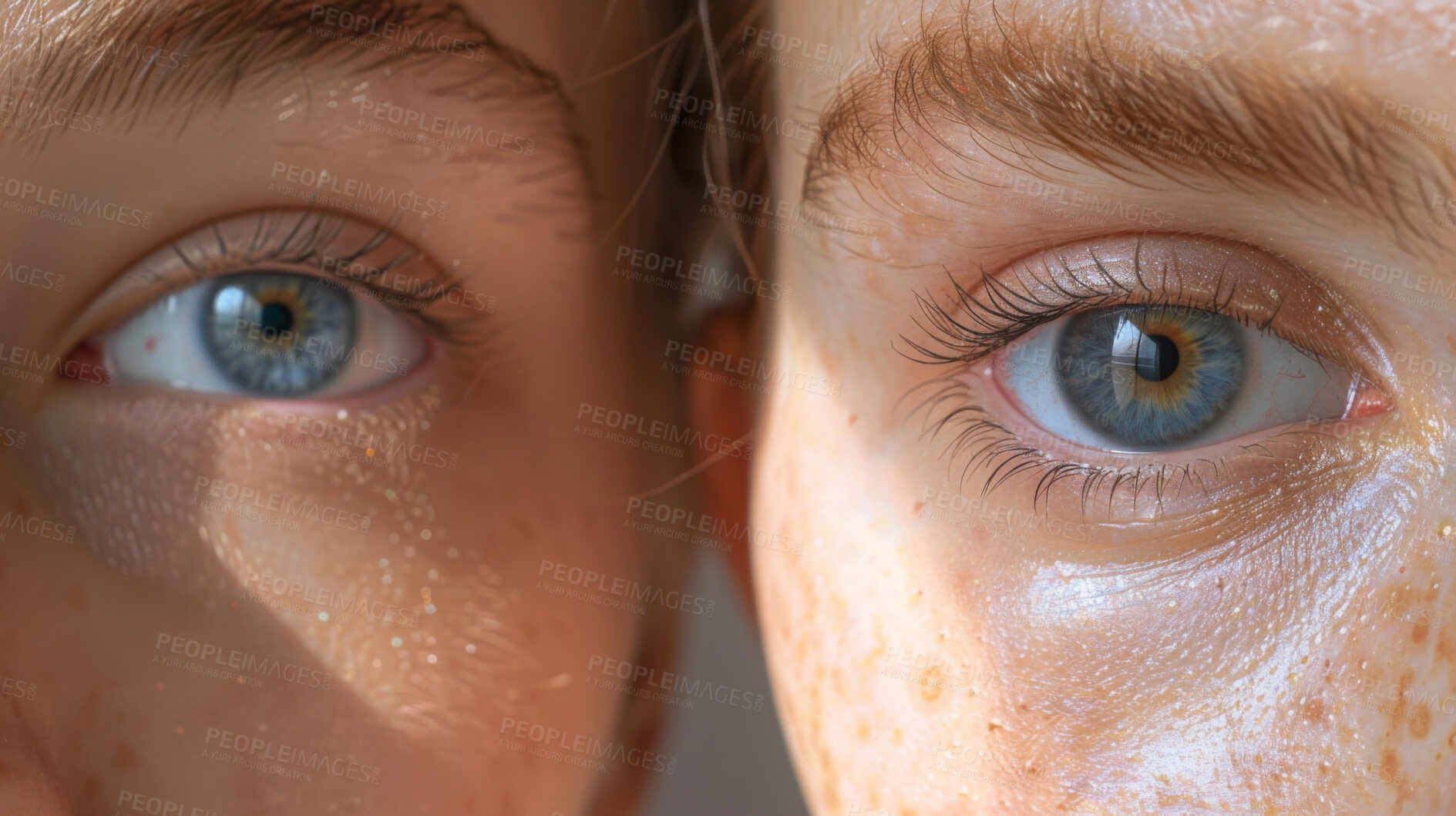 Buy stock photo Vision, blue eyes and portrait of women with optometry for closeup of optical care and eyesight. Pupils, twins and face of female people with natural iris color for contact lens for optical awareness