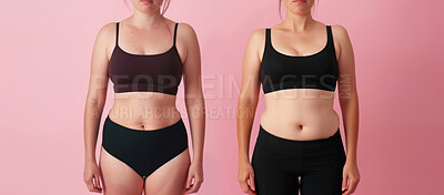 Woman, body and plus size with weightloss for diet, nutrition or results in fitness on a pink studio background. Female person, stomach or belly fat on banner for transformation, waist or liposuction
