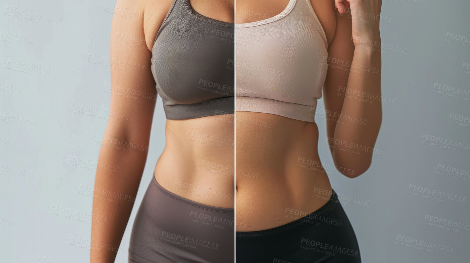 Buy stock photo Woman, body and weightloss for diet, nutrition or results in fitness on a grey studio background. Female person, stomach or belly on banner for transformation, waist or liposuction before and after