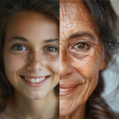 Young girl, old woman and studio portrait of different faces for skin, comparison and beauty of aging process. Skincare, smile and split of youth, wrinkles and cosmetic results of collagen benefits