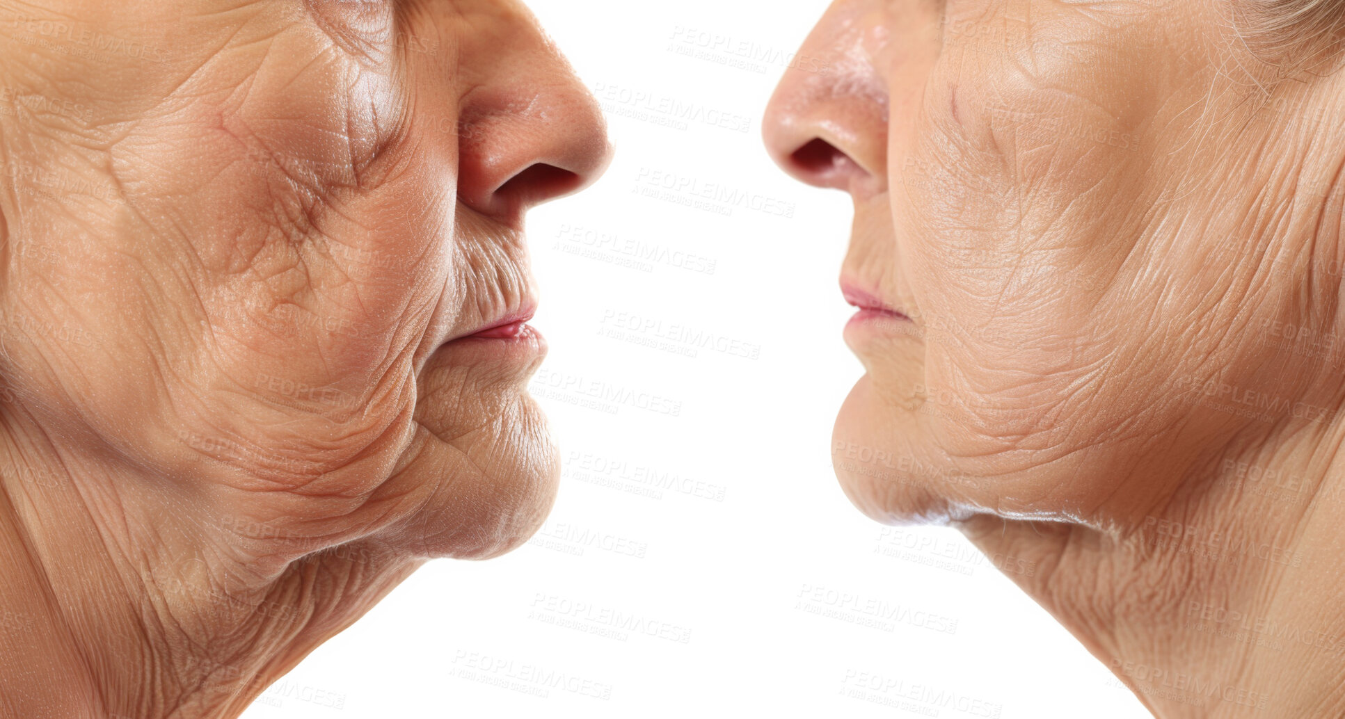 Buy stock photo Senior people, face and wrinkles to compare results for anti aging, skincare or health by white background. Profile, closeup or versus for lines, facial change or transformation after chemical filler