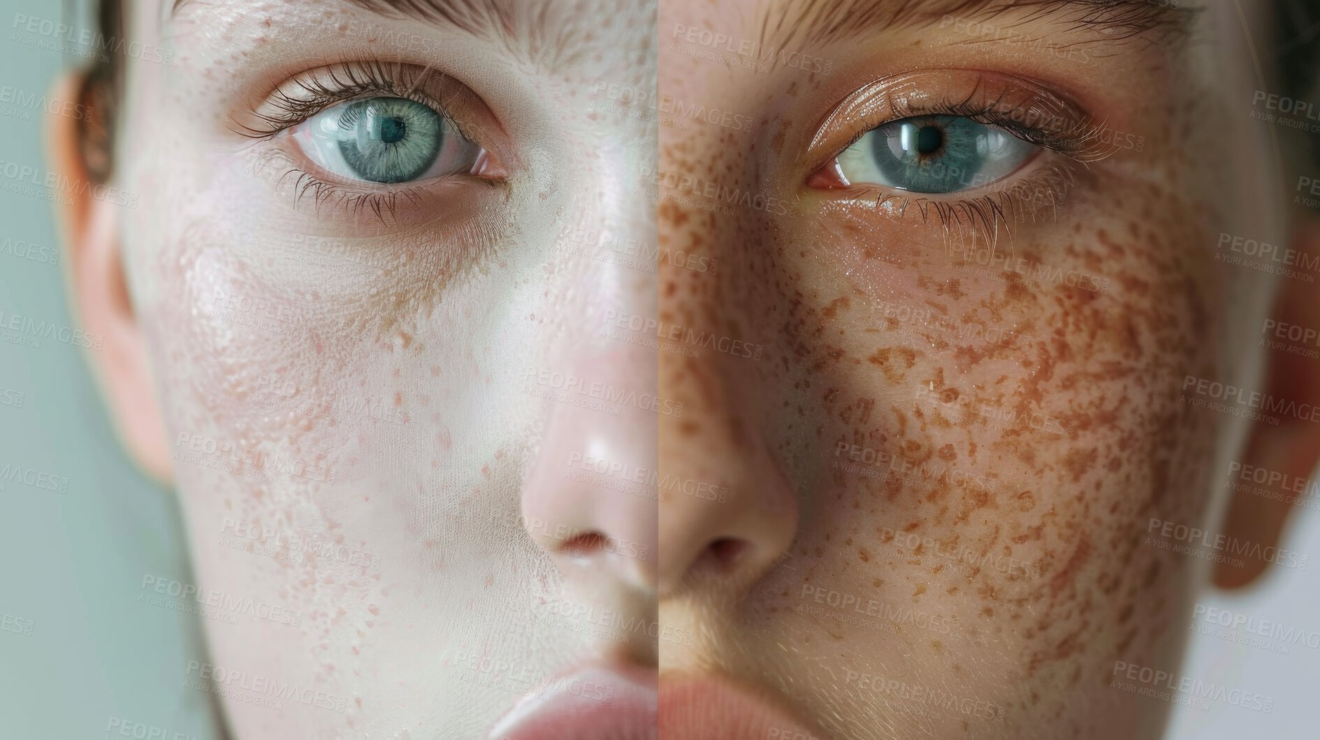 Buy stock photo Skincare, versus and collage of woman in portrait for freckles, before and after. Sun exposure, genetics and skin with melasma on person face for pigmentation, chemical peel and uv radiation