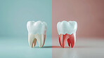 Dental hygiene, illustration and teeth with before and after for oral health, healthcare and gum disease. Cavity versus healthy tooth for effect of toothpaste, teeth whitening and dentist or flossing