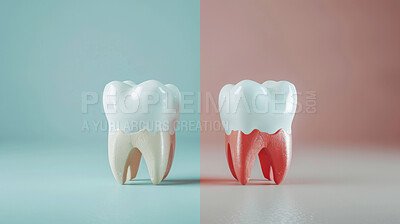 Dental hygiene, illustration and teeth with before and after for oral health, healthcare and gum disease. Cavity versus healthy tooth for effect of toothpaste, teeth whitening and dentist or flossing