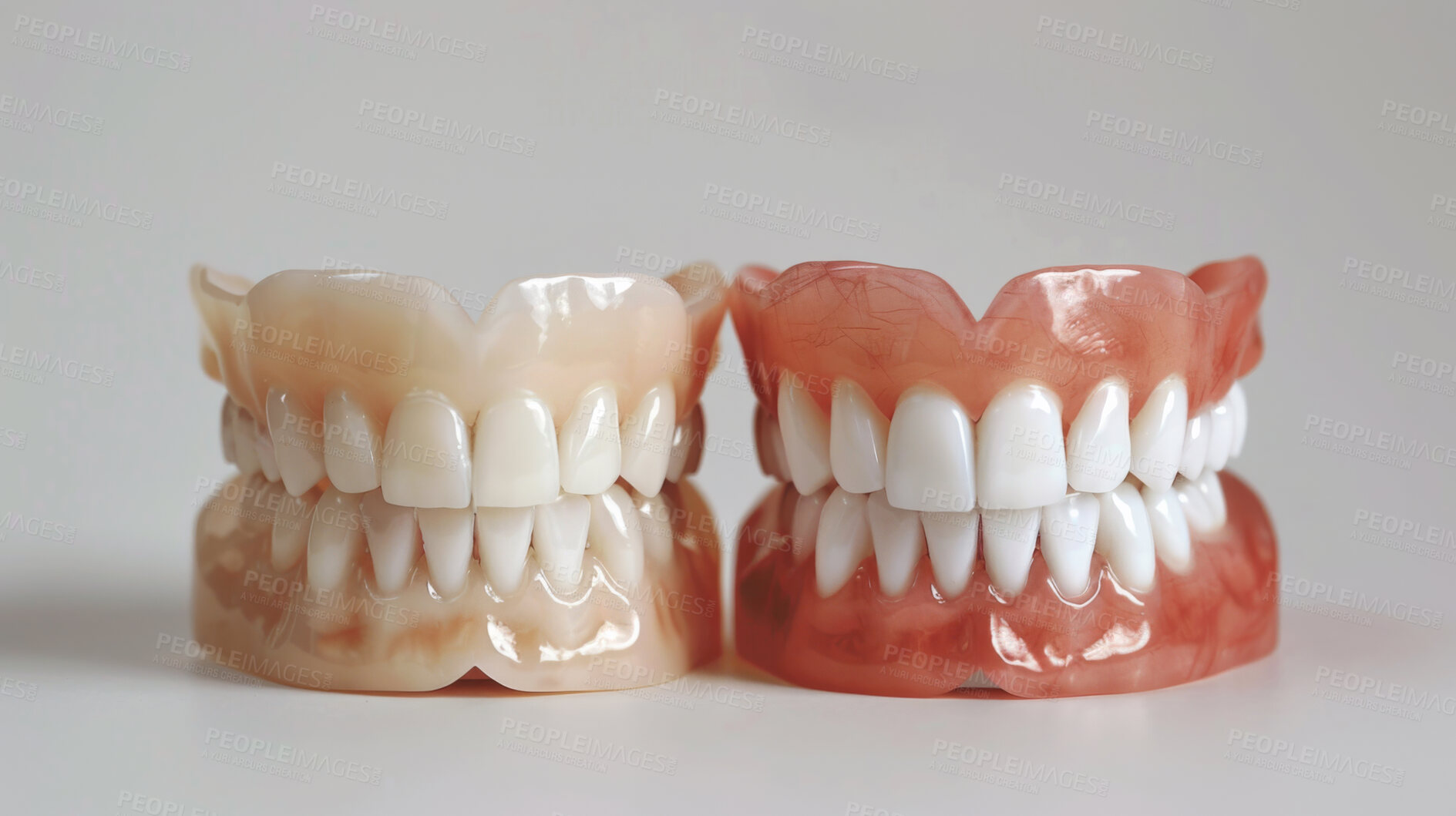 Buy stock photo Tooth, denture and compare model for health, dental hygiene and cleaning for smile by white background. Tooth, mould and teeth whitening with versus, before and after with results for oral wellness