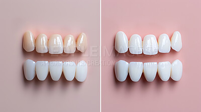 Buy stock photo Compare, teeth whitening and colouring with oral health and dental hygiene on pink studio background. Calcium, results and healthy with veneers, change and care with checkup, treatment and plaque