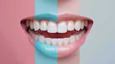 Teeth, dental and pattern with smile for hygiene, veneers or surgery of mouth, lips or gums on colorful background. Closeup of young person in tooth whitening, dentist or clean oral care with stripes