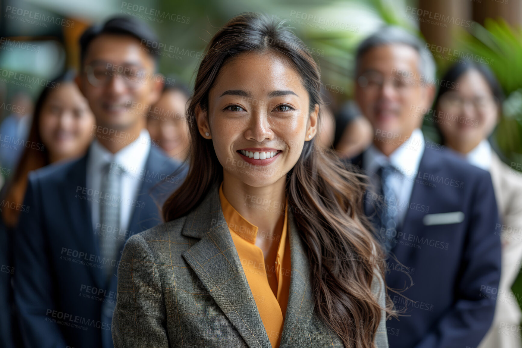 Buy stock photo Woman, leadership and asian portrait of corporate company with teamwork for collaboration or partnership. Solidarity, confidence and business people for community, culture and trust with smile