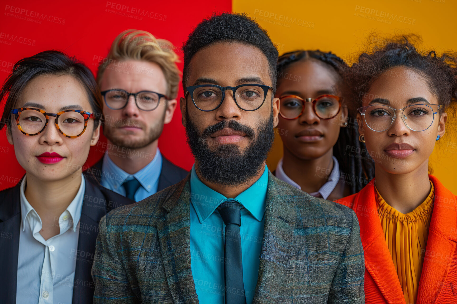 Buy stock photo Business, people and background with leader in studio, employee and diversity for corporate workplace in portrait. Together, teamwork and individuality, professional career and solidarity or support
