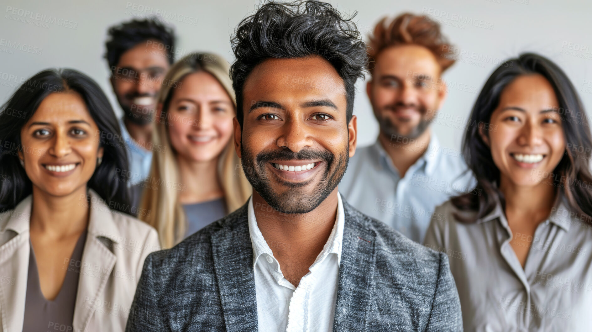 Buy stock photo Smile, partnership and portrait of businessman in office for management, support and leadership. Business people, professional and diversity at law firm for commitment, team building or legal justice