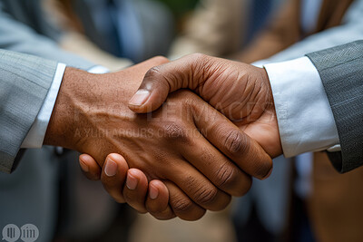Business people, handshake and agreement with partnership for b2b, deal or introduction at office. Closeup of businessman shaking hands with employee for teamwork, hiring or recruiting at workplace