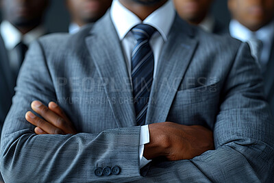 Closeup, arms crossed and hands in office for group of men with justice, legal aid or team with leader. Person, advocate or attorney in suit with staff, employees and together at corporate law firm
