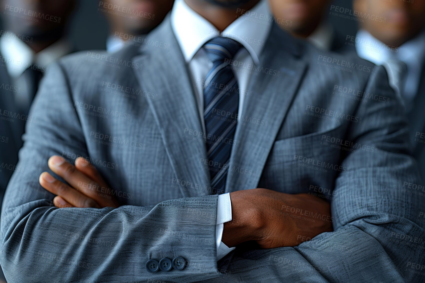 Buy stock photo Closeup, business man and leader with arms crossed for with justice, legal aid and team at agency. Person, advocate or attorney in suit with staff, employees and together at corporate law firm