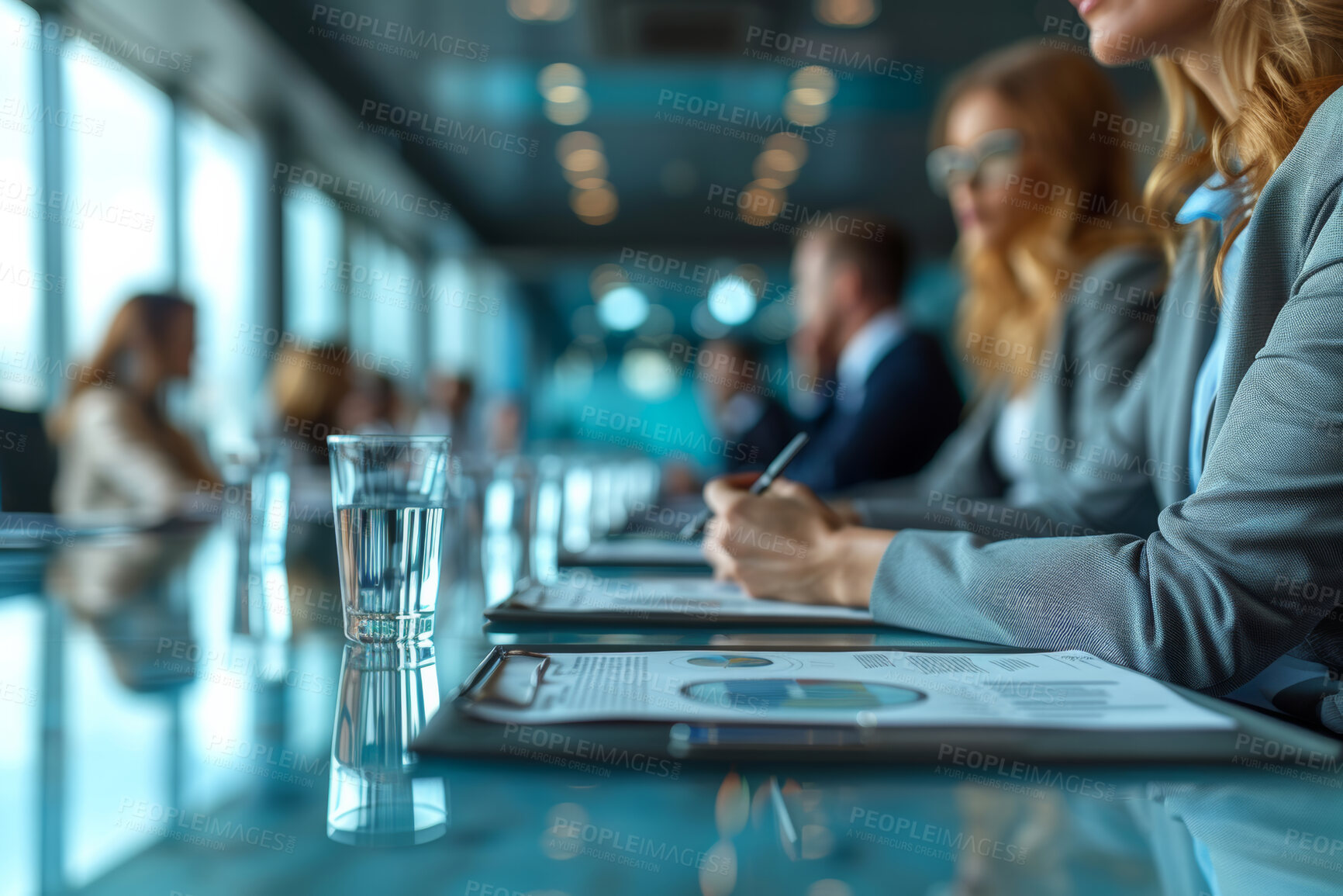 Buy stock photo Hands, paperwork and business people in meeting, cooperation and planning for company merger. Glass, closeup and group with documents, b2b deal and corporate with negotiation for project and feedback