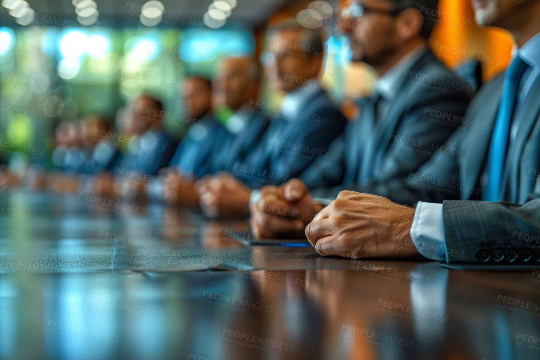 Buy stock photo Business people, hands and conference with team negotiation for b2b merger, partnership or deal. Men, boardroom and legal group for company representation in lawsuit or corporate, meeting or union