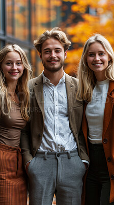 Buy stock photo Siblings, portrait and family of people in autumn with happiness, support and care in Amsterdam. Brother, sisters and travel outdoor with smile together on holiday or vacation in park with trees