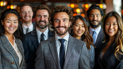 Teamwork, smile and portrait of businessman in office for collaboration, support and accounting internship. Business people, diversity and pride at work for partnership, opportunity and team building